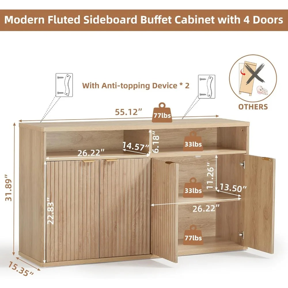 55" Wide Luted Buffet Cabinet with 4 Doors & Open Shelf | Modern Wood Sideboard for Dining/Kitchen Entryway