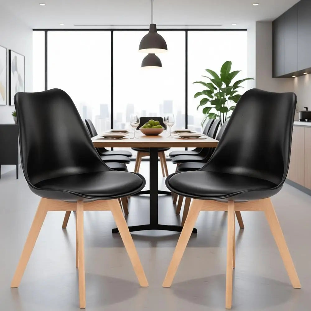 Dining Chairs Set of 4, Modern Dining Room Chairs or Kitchen, PU Leather Cushion and Upholstered Side Seating with Wood Legs, Bl