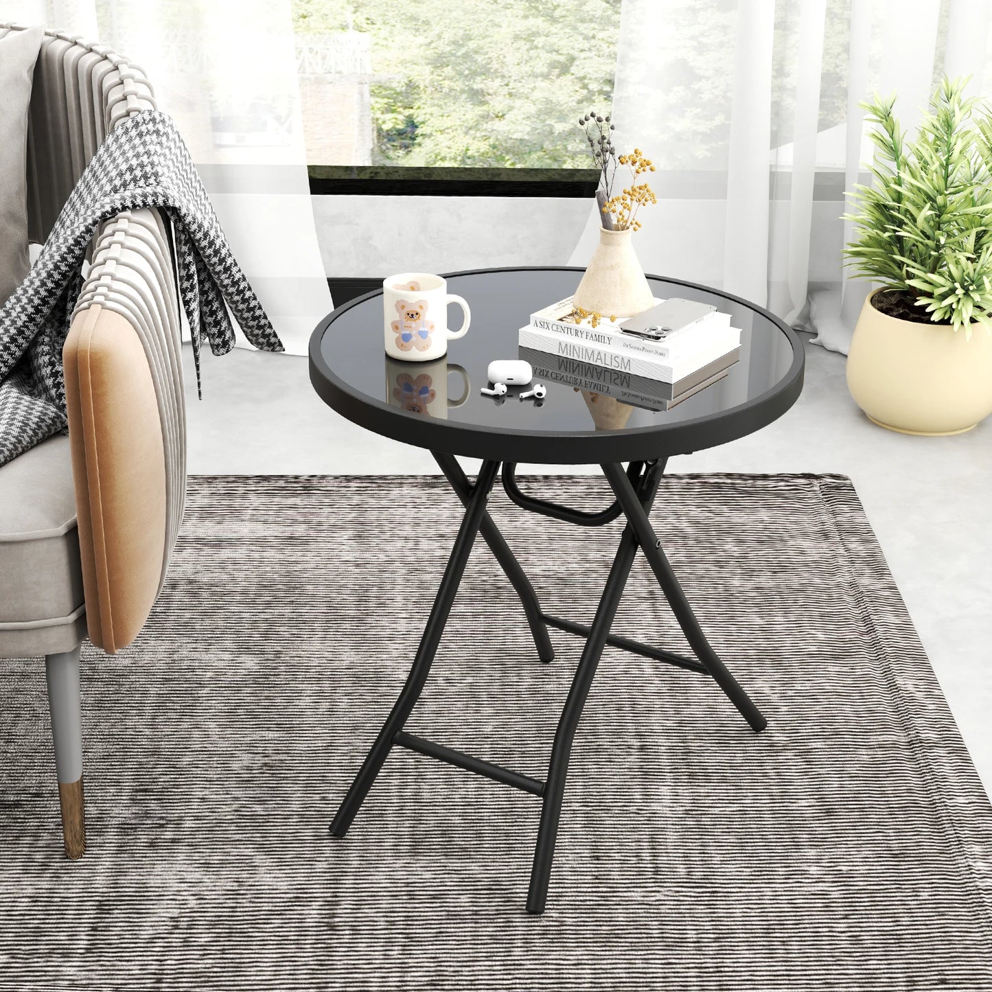 18" Folding Side Table Round Compact Coffee Table w/Tempered Glass Tabletop