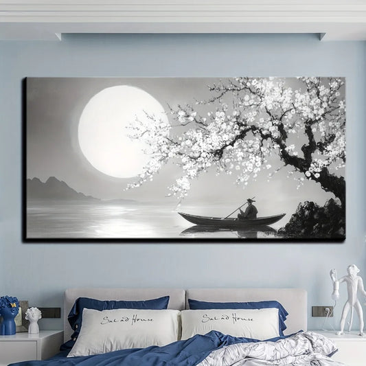 Framed Floral Moon Canvas Wall Art In Pine Wood Frame