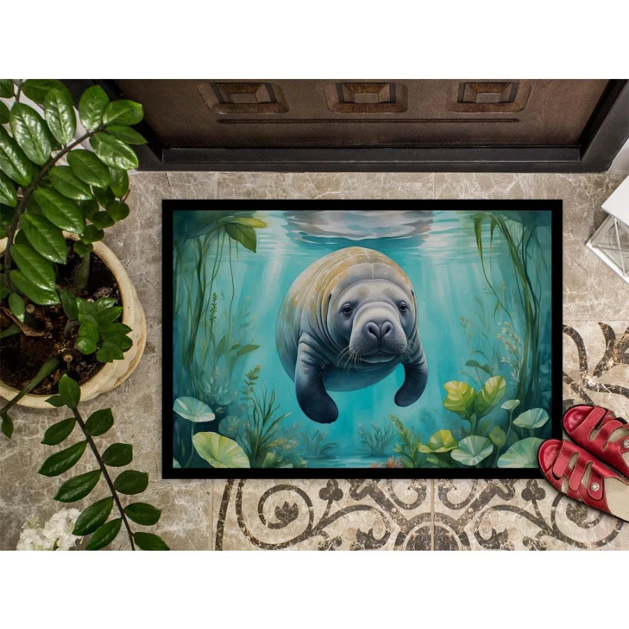 Manatee in a CrystalClear Spring Doormat Front Door Mat Indoor Outdoor Rugs for Entryway Non Slip Washable Low Pile 24H X 36W