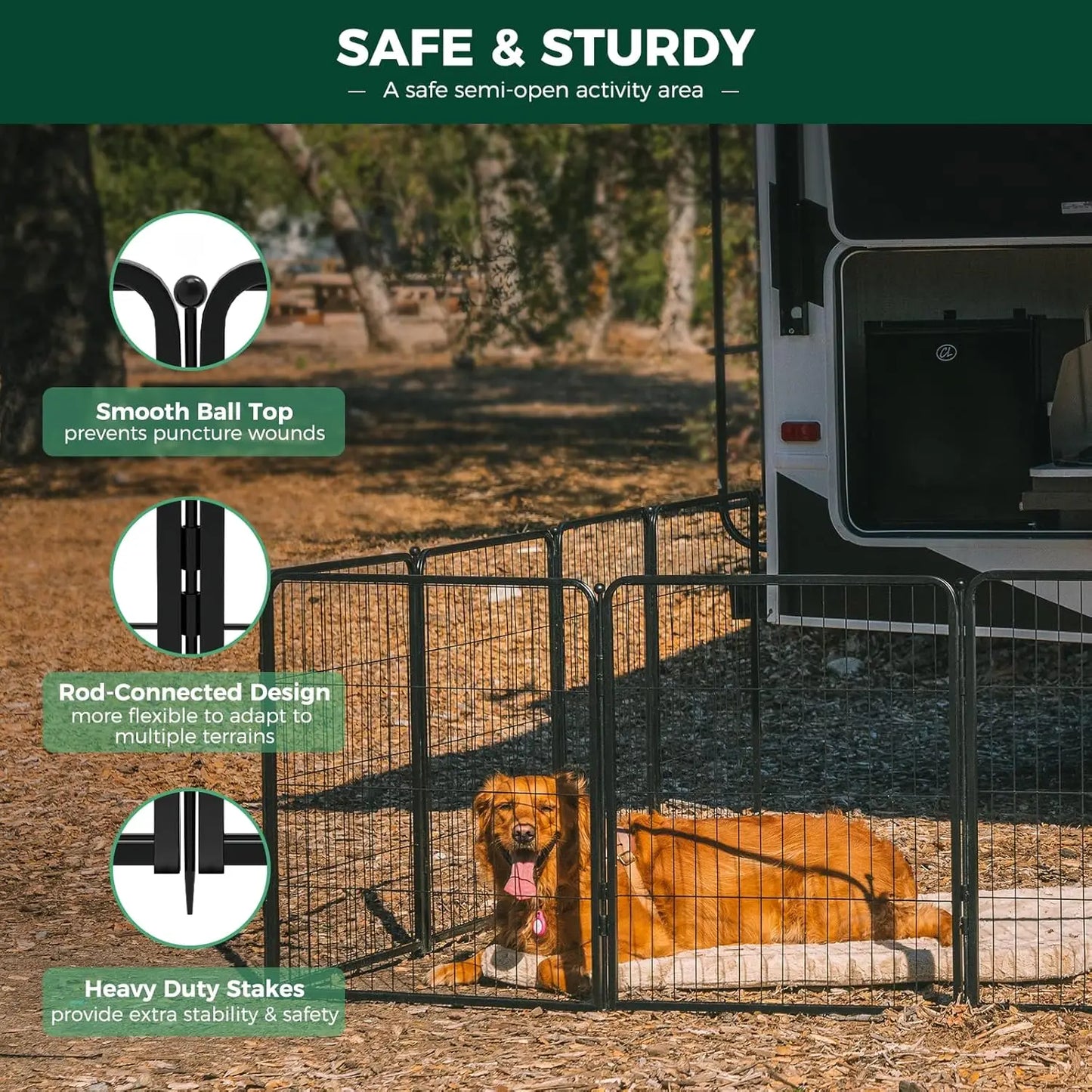 Rollick Dog Playpen for Yard, RV Camping, 50 inch 8 Panels for Large Dogs│Patented