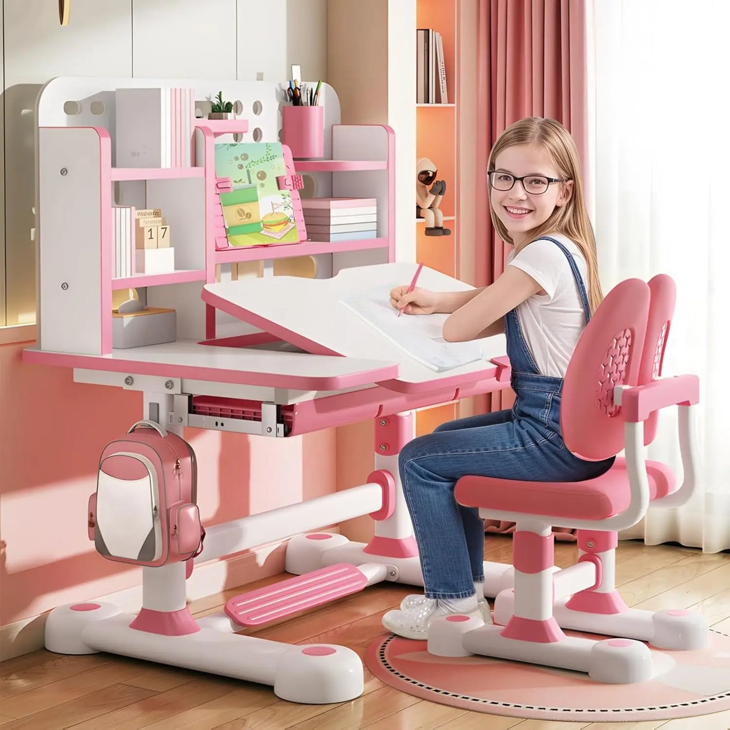 Kids Functional Desk and Chair Set, Ergonomic Height Adjustable Children School Study Desk with Tilt Desktop, Book Stand, Metal