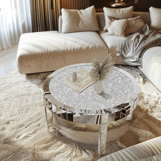 Luxury Round Mirror Coffee Table Crystal Diamonds Inlay