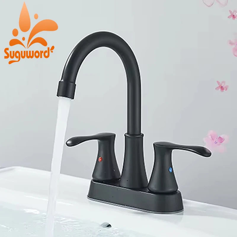 Black Bathroom Sink Faucet 3 Hole 4 Inch Center Set Vanity Faucet 2 Handle Bathroom Faucet with Hot and Cold Water