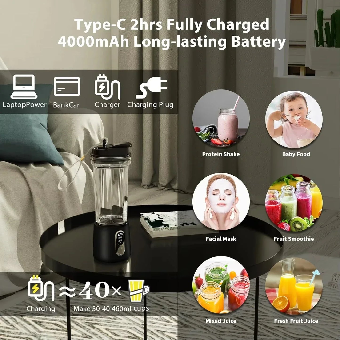 New Portable Juicer Dual-use Juice Cup USB 4000mAh Battery Indoor Outdoor Fruit Blender 300W Smoothie Juice Bottle Cup Blender