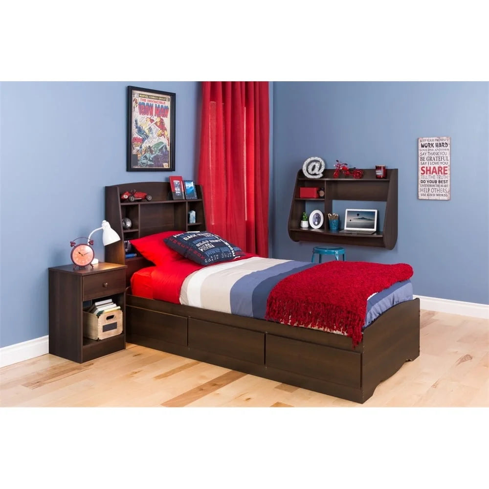 Twin Bookcase Headboard Espresso Solid Wood Storage Compartments Space Saving Bedroom Furniture Assembly Required