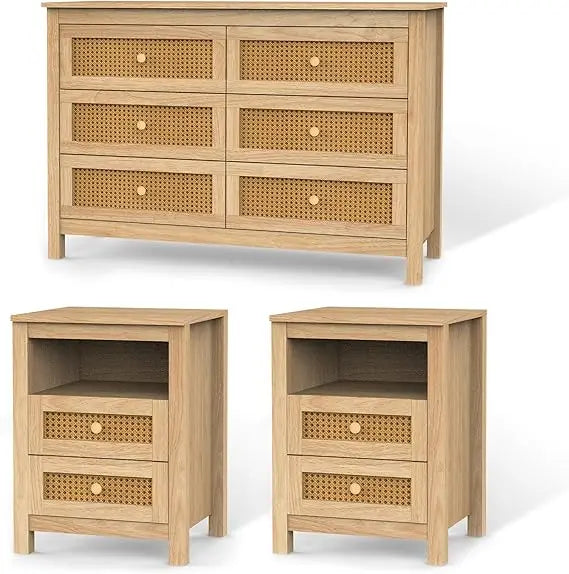 Farmhouse Bedroom Set, 3 Pieces Bedroom Furniture Set, Rustic Wood 6 Drawer Dresser and Nightstands, Chest of Drawers Wide Stora