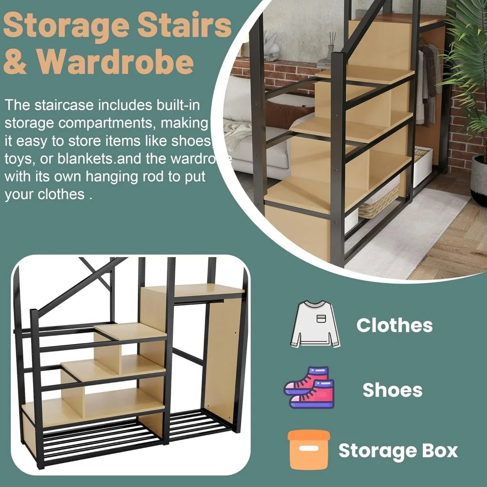 Queen Loft Bed with Stairs, Metal Loft Beds Queen Size with Storage Shelves, Adults Loft Bed with Wardrobe
