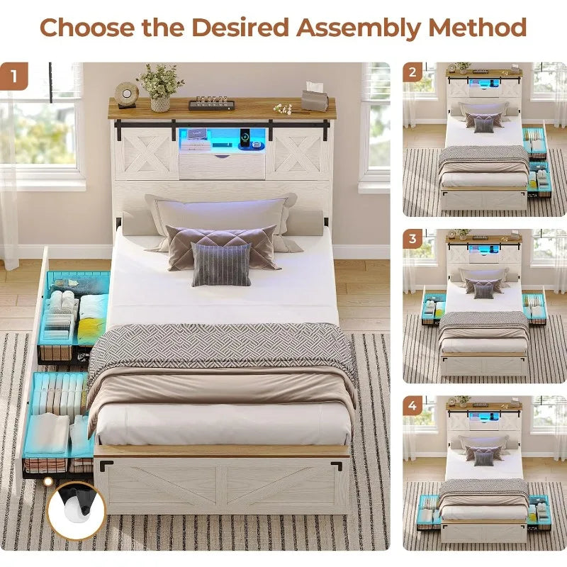 Hasuit Farmhouse Bed Frame Twin Size 2 Storage Drawers, Wooden Platform Twin Bed LED Lights Charging Station, Rustic Accent