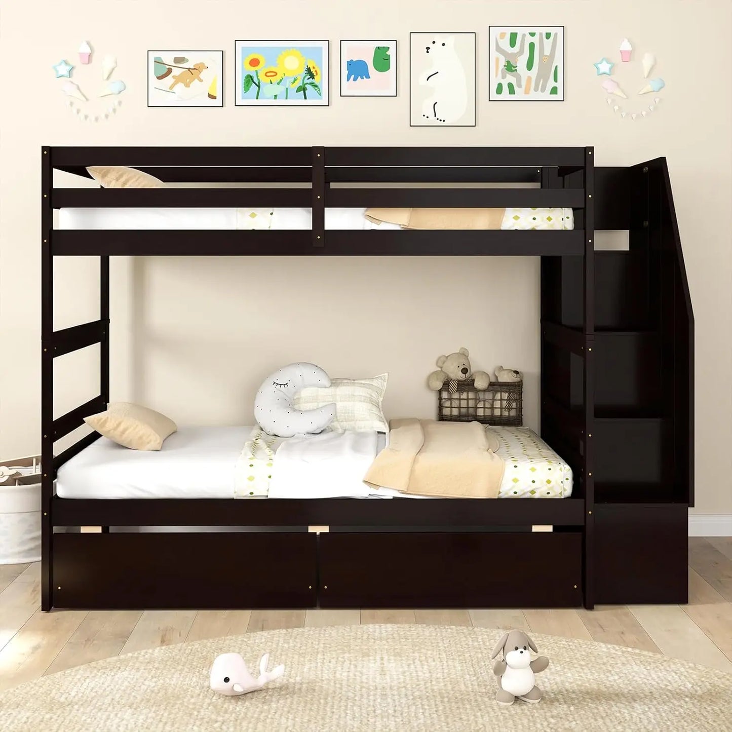 Wood Twin Over Twin Bunk Bed with 2 Storage Drawers & Stairs, Bunk Beds with Safety Guardrail & Shelves,