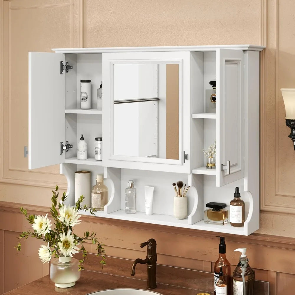 Bathroom Wall Cabinet with Mirror, Medicine Cabinet with 3 Doors and Adjustable Shelf, Space Saver Storage Cabinets Over The Toi