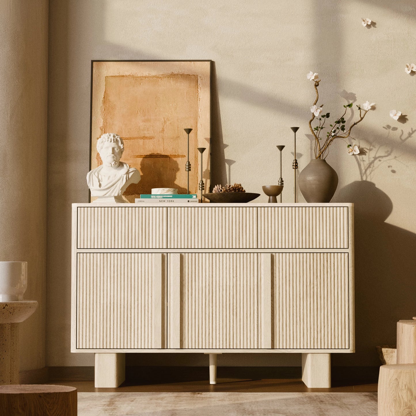 GEGOFORU 47" Sideboard Cabinet with 3 Drawers & 3 Doors, Modern Buffet with 2 Reinforced Legs for Kitchen/Living Room, Light Oak