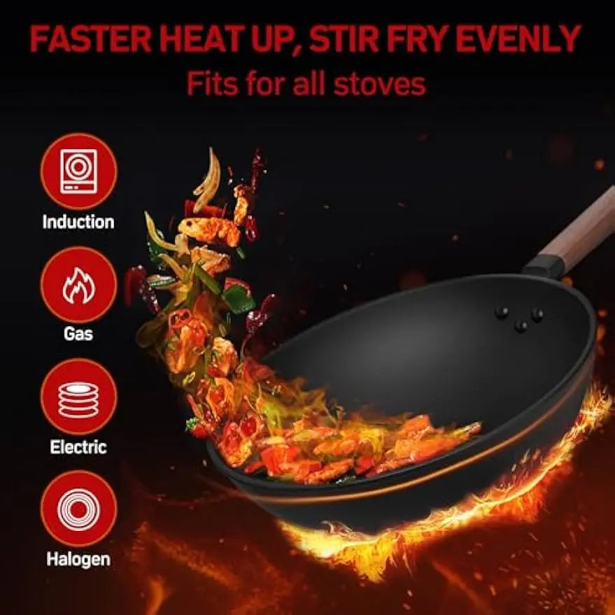 13-Inch Carbon Steel Wok with Glass Lid and Spatula for Induction, Electric, Gas Stoves