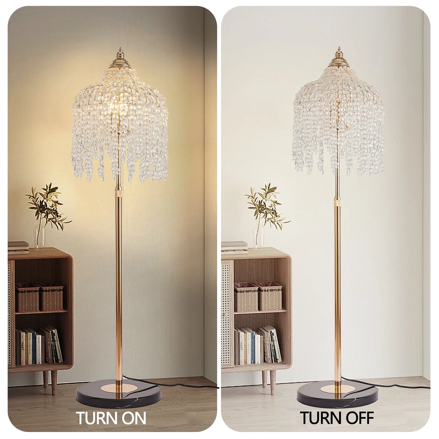 ARLGSITE 3-Light Elegant Crystal Floor Lamp Vintage Waterfall Design with Crystal Bead Strings and Marble Texture Base (No Bulb)
