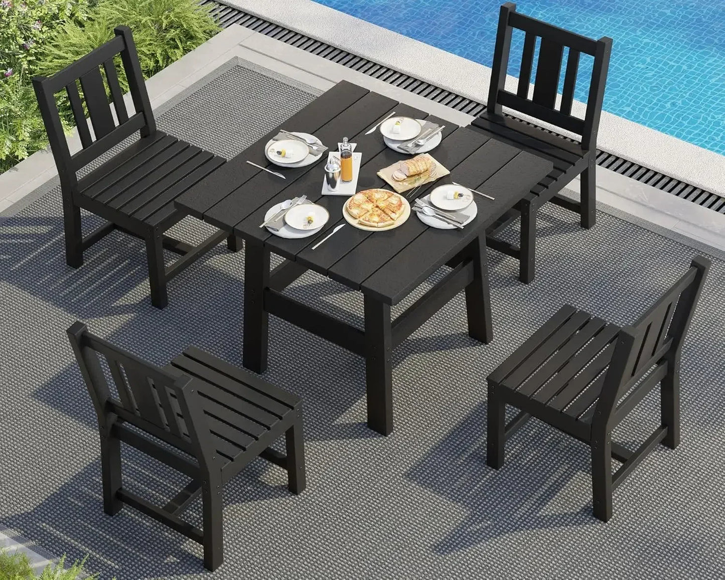 7-Piece HDPE Outdoor Dining Table Set with 6 Chairs,71" L Patio Dining Furniture Set with Umbrella Hole