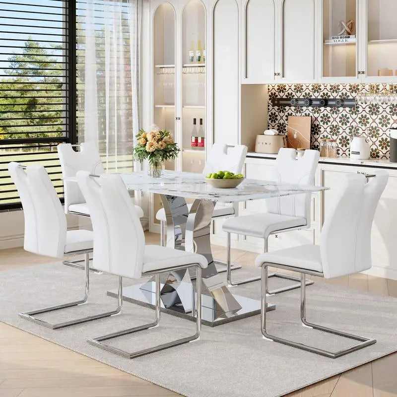63-Inch Modern Dining Table Set with 6 Upholstered Chairs, White Tempered Glass Top & Adjustable Stainless Steel Base,