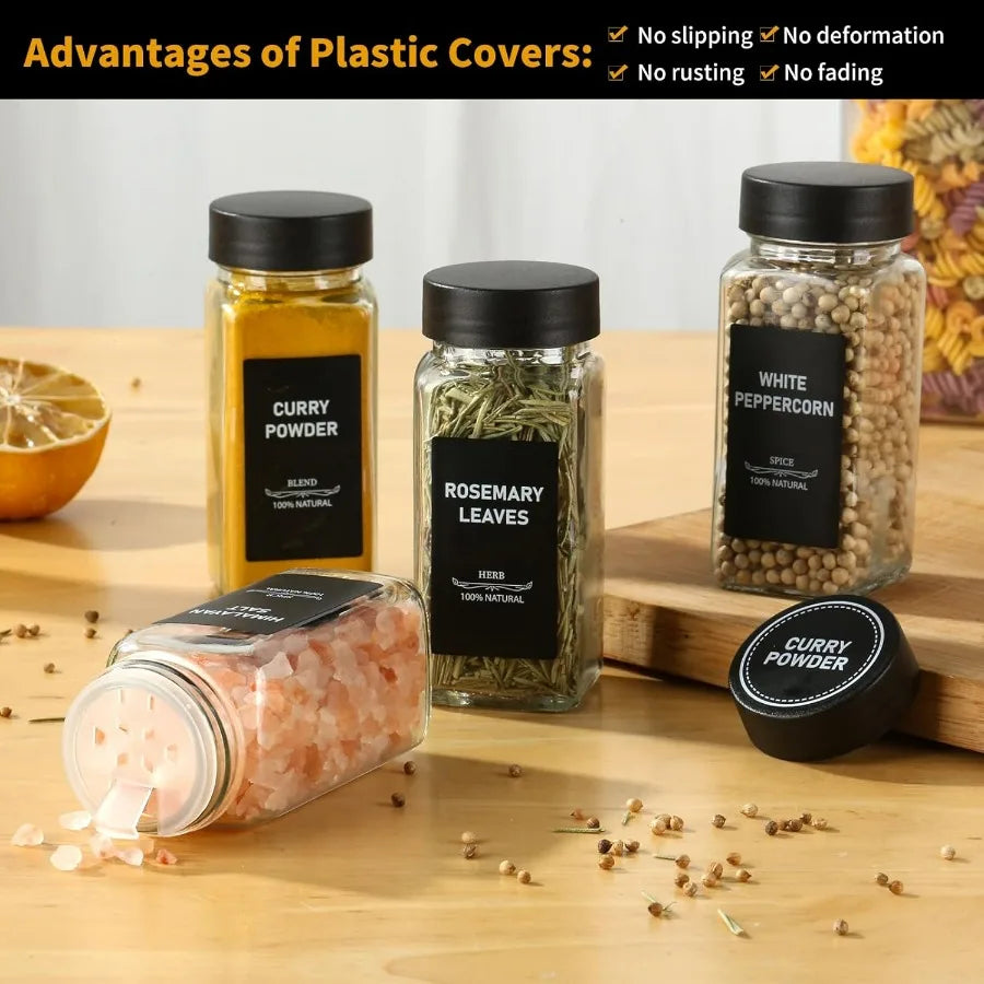 24Pcs Spice Jars Containers with Labels，4oz Black Seasoning Bottles with Shaker Lids for Rack, Cabinet, Drawer,Empty Square Cond