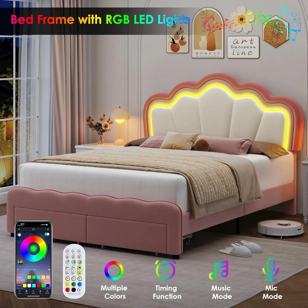 Full Upholstered LED Bed Frame with Storage Drawers, with Adjustable Lotus Headboard, Velvet Princess Platform Bed Frame