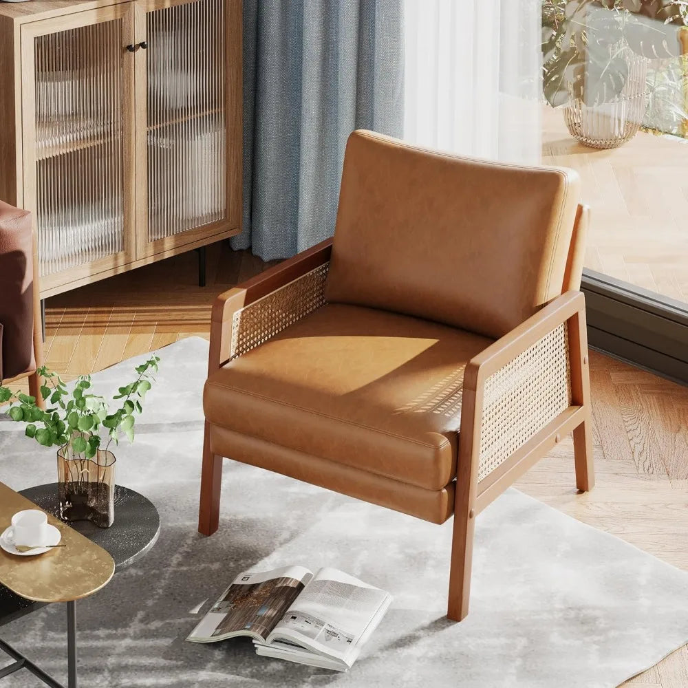 Brown Accent Chair Set of 2 Upholstered Living Room Chairs Natural Rattan Armchair, Modern Faux Leather Slipper