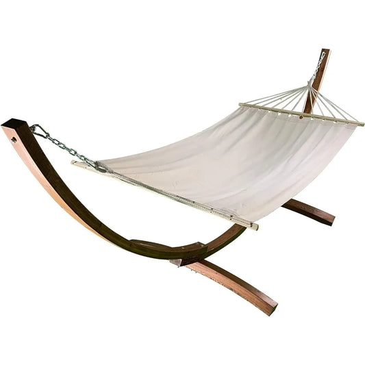 12 Ft. Water Treated Wooden Arc Hammock Stand + Premium Quilted Hammock Bed. 1 Person Bed. 300 LB Capacity(Teak Stain/Beige)