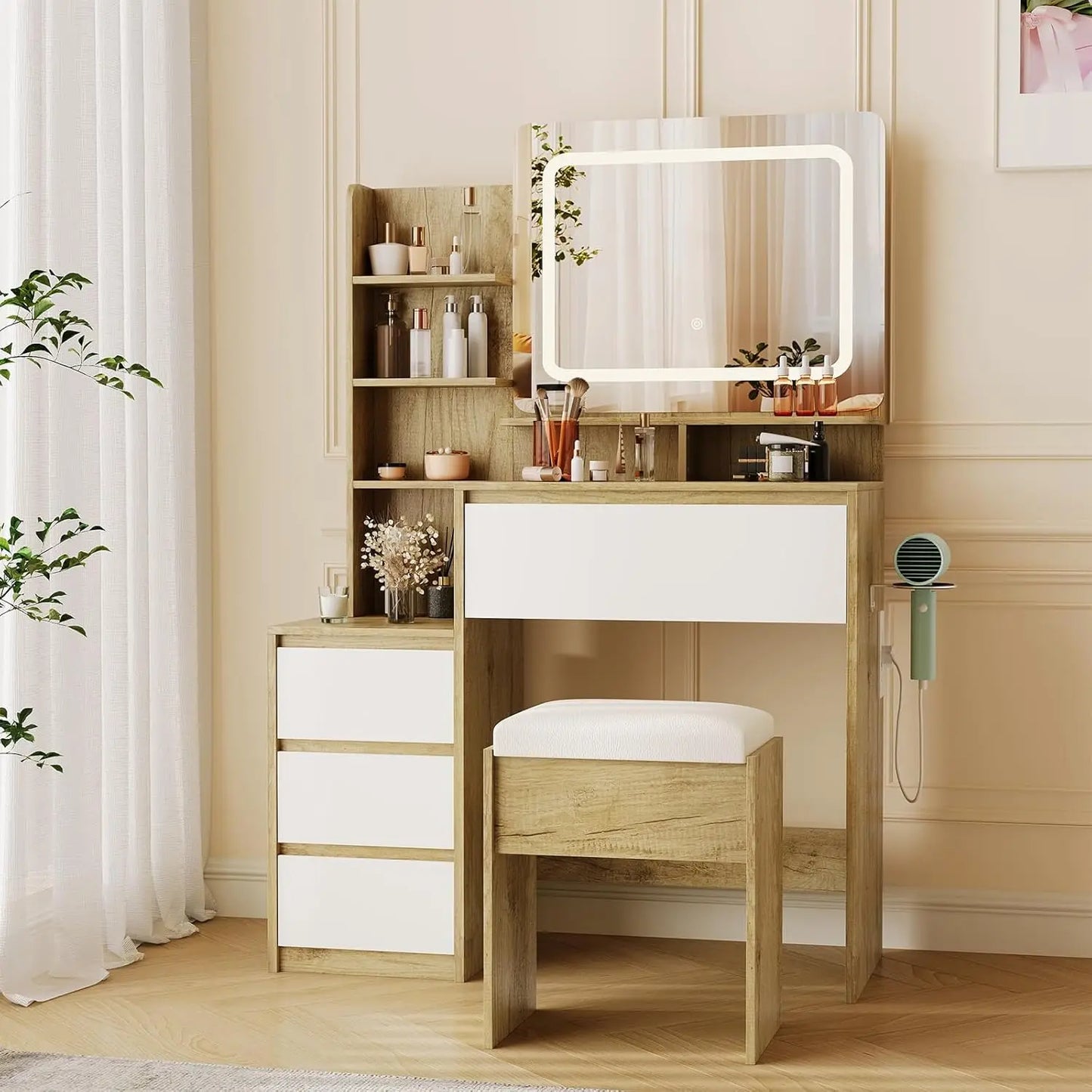 Vanity Desk with Mirror and Lights, Makeup Vanity with Adjustable Lights, Power Outlet & Storage Dressing Table with Mirror