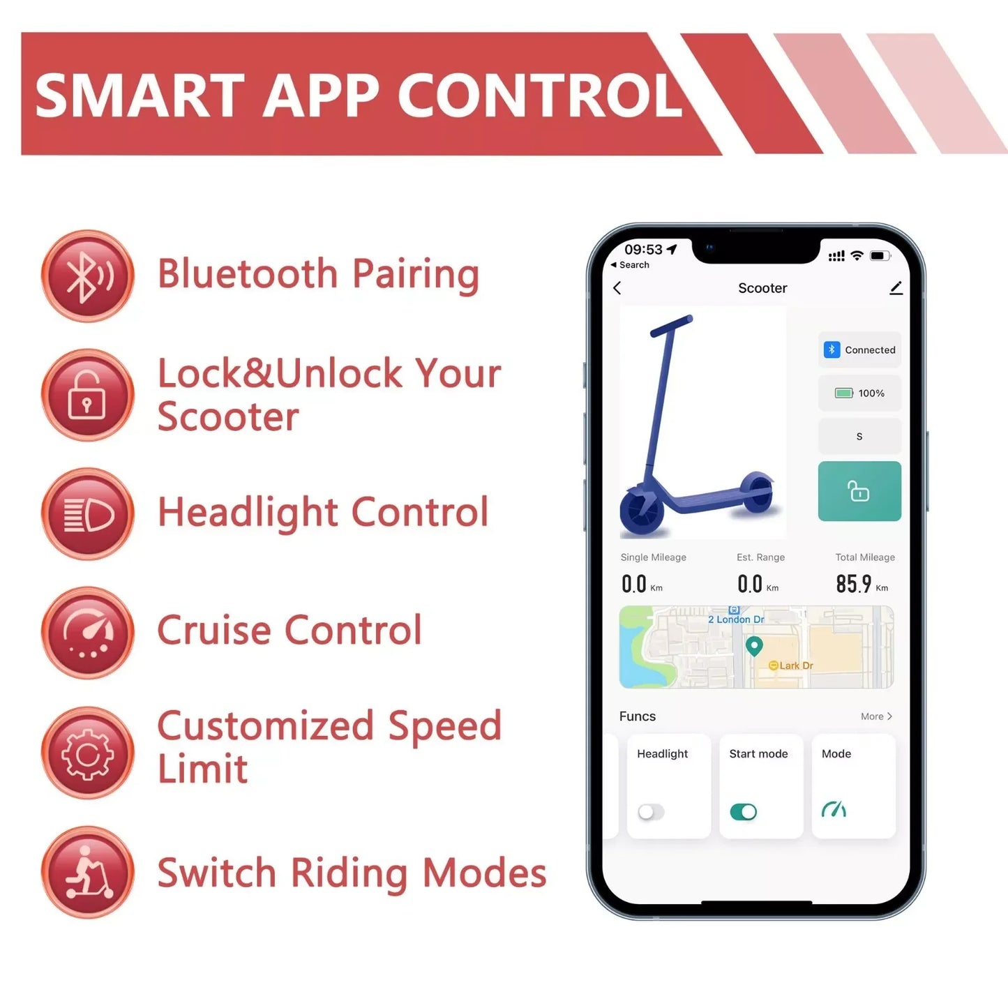 Ladped Electric Scooter 350W 19 MPH App Smart Folding