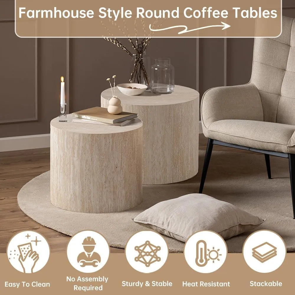 Pair of Modern Nesting Coffee Tables - Small Circular Travertine Side Tables for Home Decor