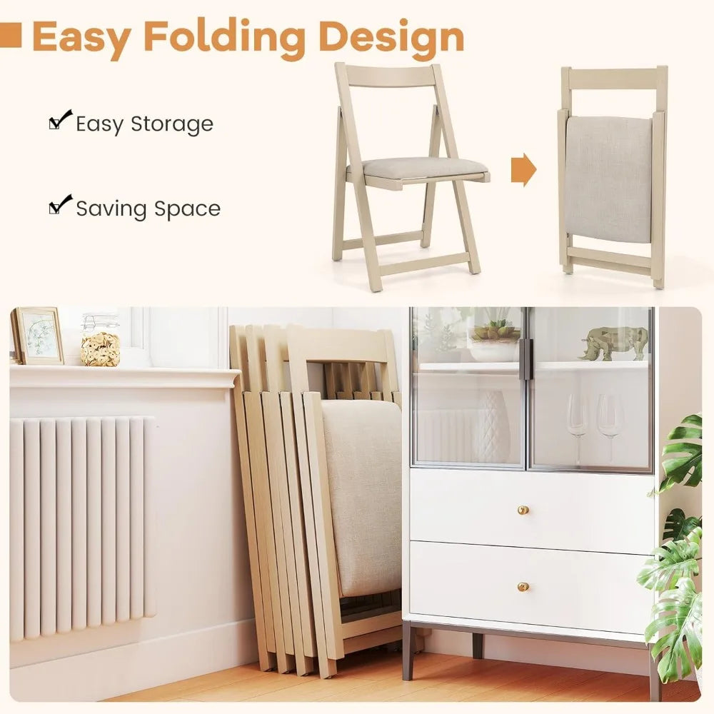 Set of 4 Folding Dining Chairs, Modern Design with Cushioned Seats and Rounded Backs, Rubberwood Frame, Space-Efficient