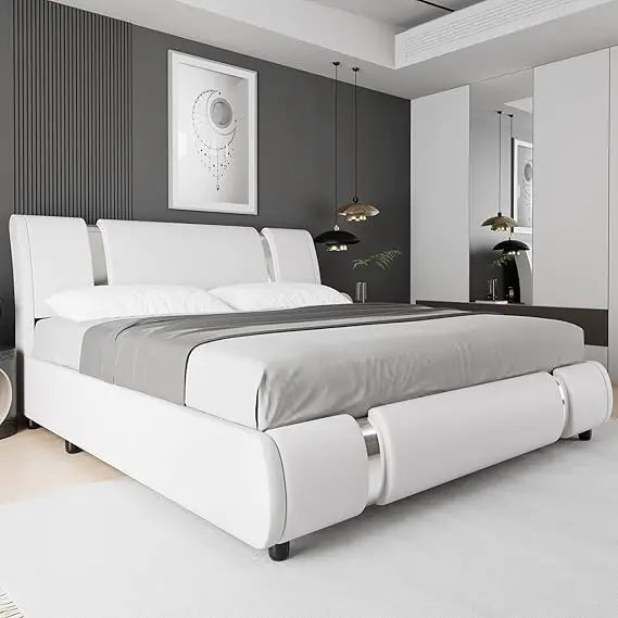 TTVIEW Modern Faux Leather Upholstered Platform Bed Frame with Golden Iron Metal Decor, Adjustable Curved Headboard, Wooden Slat