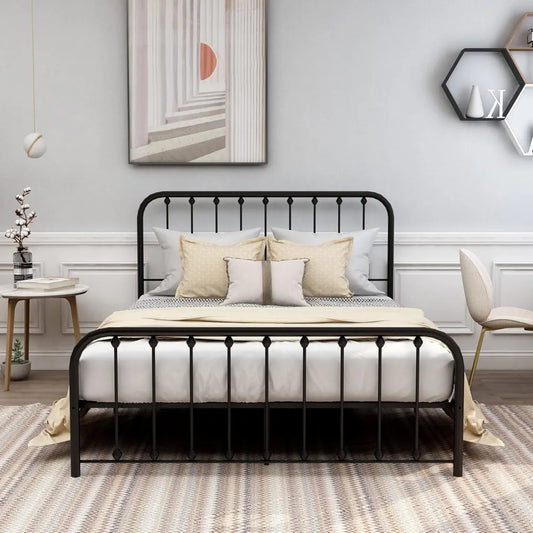 Metal Bed Frame Queen Size with Vintage Headboard Footboard Solid Sturdy Steel Slat Support No Box Spring Needed Easy Assembly B