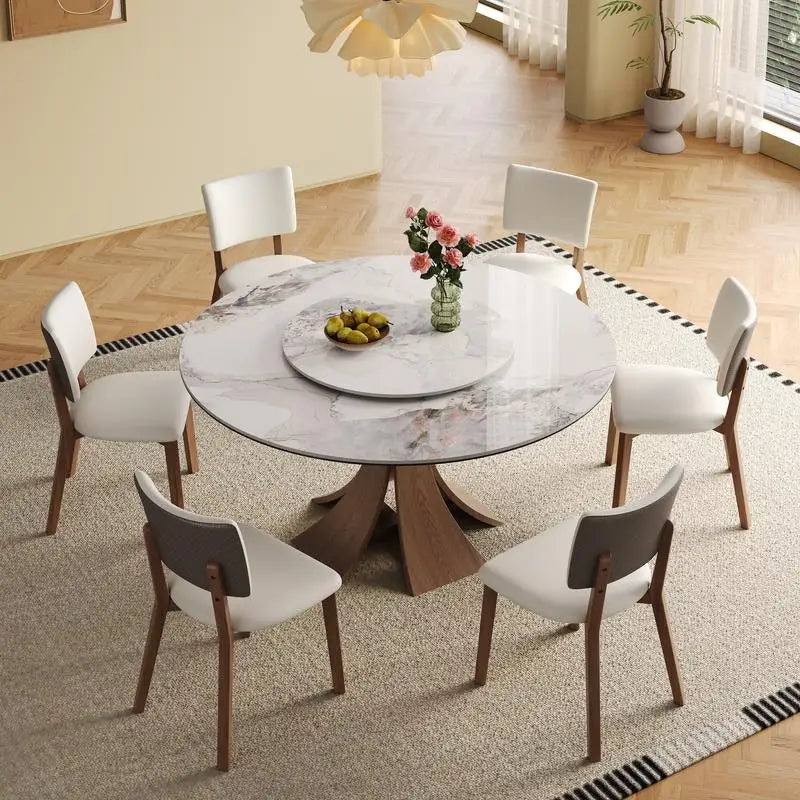 59" Modern Sintered Stone Dining Table Set with 35" Round Turntable, Seats 6-8, Unique Walnut Base, Includes 6 Stylish Chairs