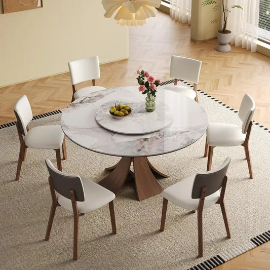59" Modern Sintered Stone Dining Table Set with 35" Round Turntable, Seats 6-8, Unique Walnut Base, Includes 6 Stylish Chairs