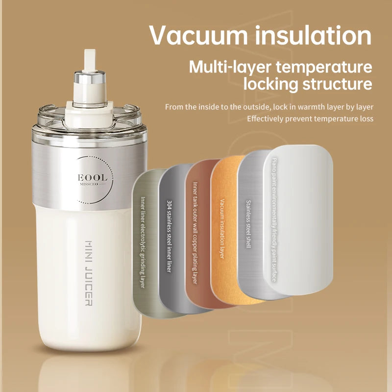 Double Layer Vacuum Insulated Juicer 304 Stainless Steel Juicers 350ml USB Charge Portable 26 Blades Strong Power Freesh Juicer