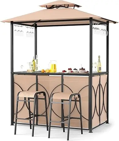 3-Piece Patio Bar Set, Grill Gazebo & 2 Bar Stools with Tempered Glass Bar Table, Metal Storage Shelves, Glass Holders, Double-