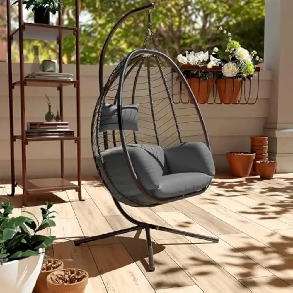 Outdoor Hanging Egg Chair with Stand,Indoor Swinging Chair Patio Wicker Hammock Egg Chair with Thicken Padded Cushions