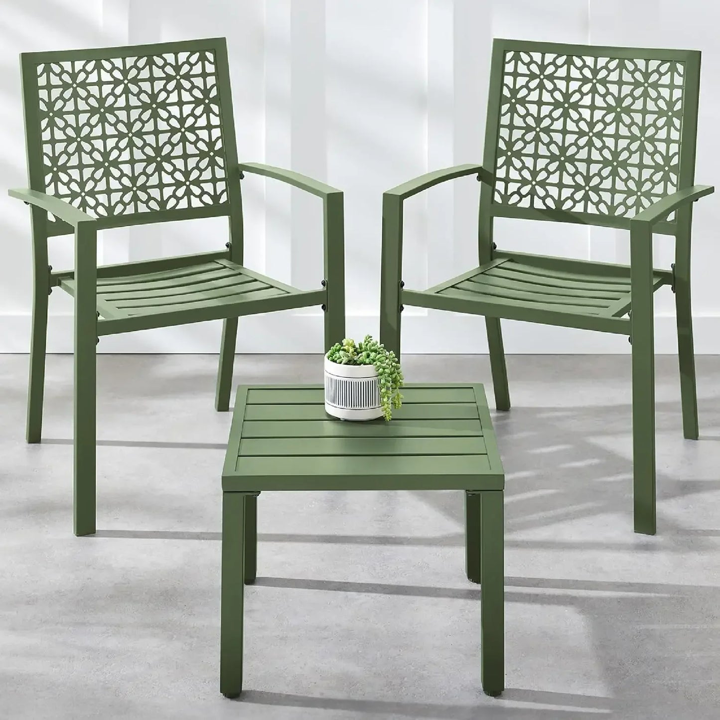 3-Piece Outdoor Bistro Set, Stackable Modern Steel Furniture for Porch, Garden w/ 2 Chairs, Table, Geometric Decor