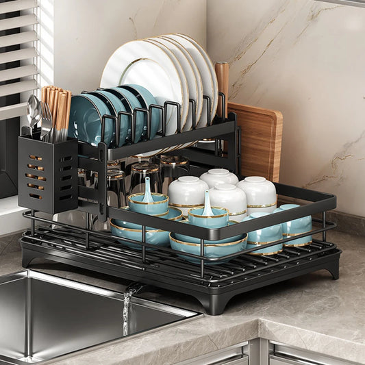 Double-layer dish drying rack suitable for kitchen countertops, capable of holding bowls platesknives cups and cutting boards