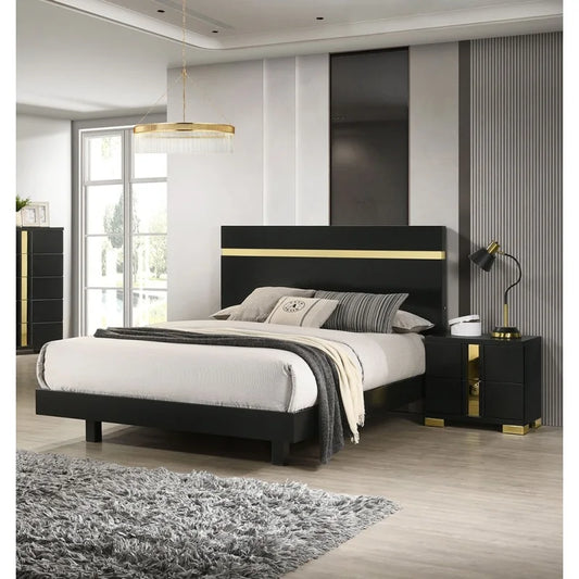 Modern Black Bedroom Set Queen Bed With LED Nightstands