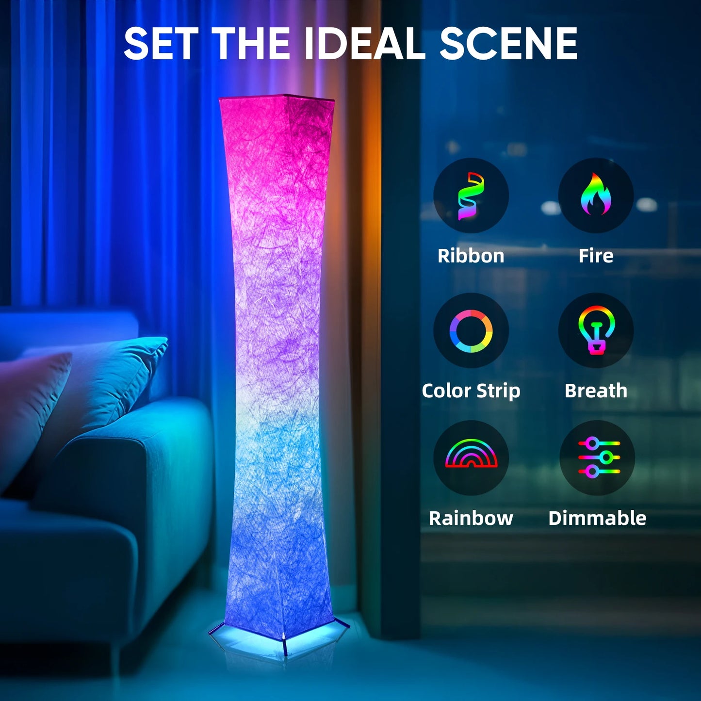 52" Simple Design Soft Light Floor Lamp, Morden Slim RGB 16 Color Changing LED Tyvek Fabric Shade Dimmable Remote Control Stand