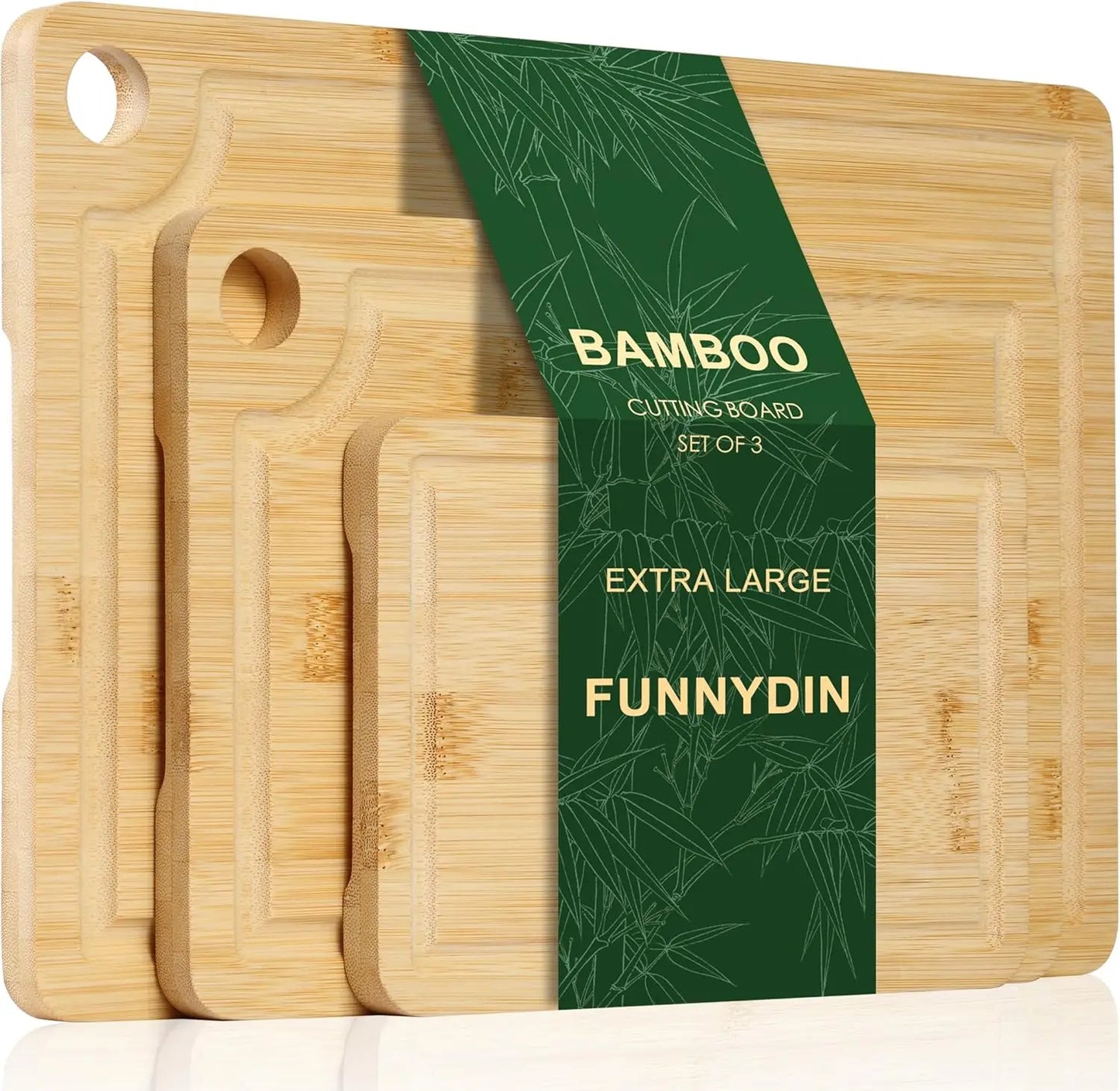 Organic Bamboo Cutting Board Set of 3, Large Wooden Cutting Boards for Kitchen, Wood Cutting Board with Juice Grooves
