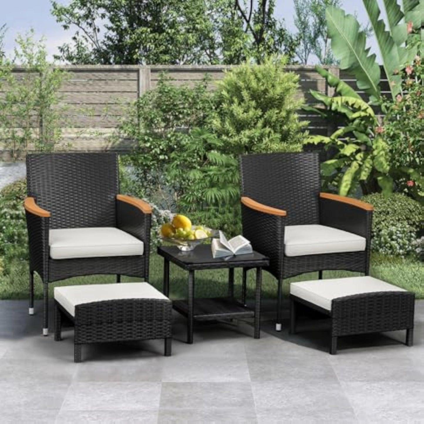 Outdoor Patio Furniture Set with Table & ottoman, 5 Piece Wicker Patio Sets with cushion, Outdoor Furniture Patio Set