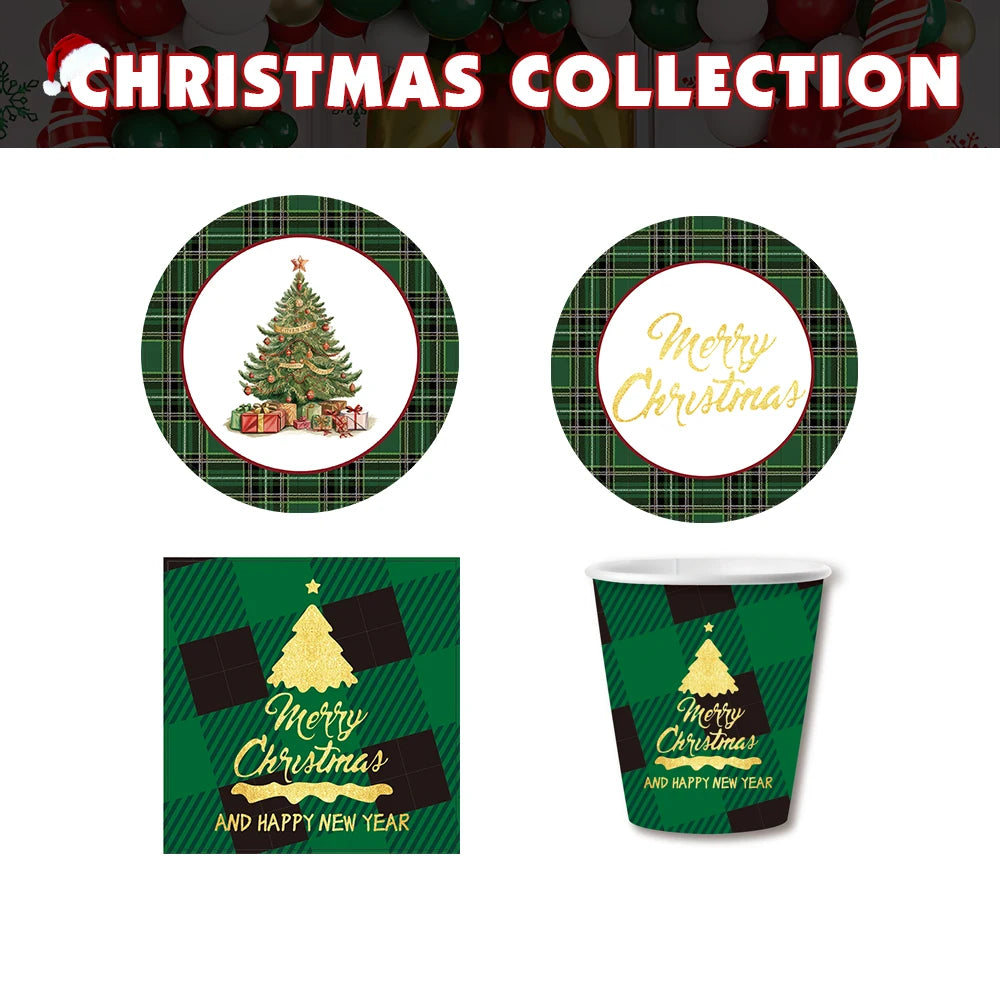 USA Stock Paper Plate Paper Cup Napkin Collection Christmas Tree Party 10 Gusets Paper Tableware Set