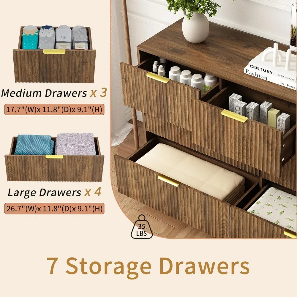 7 Drawer Dresser and Nightstand Sets for Bedroom, 3 Pcs Bedroom Set，Night Stand Set of 2 & 7 Drawer Dresser with Gold Handles, W