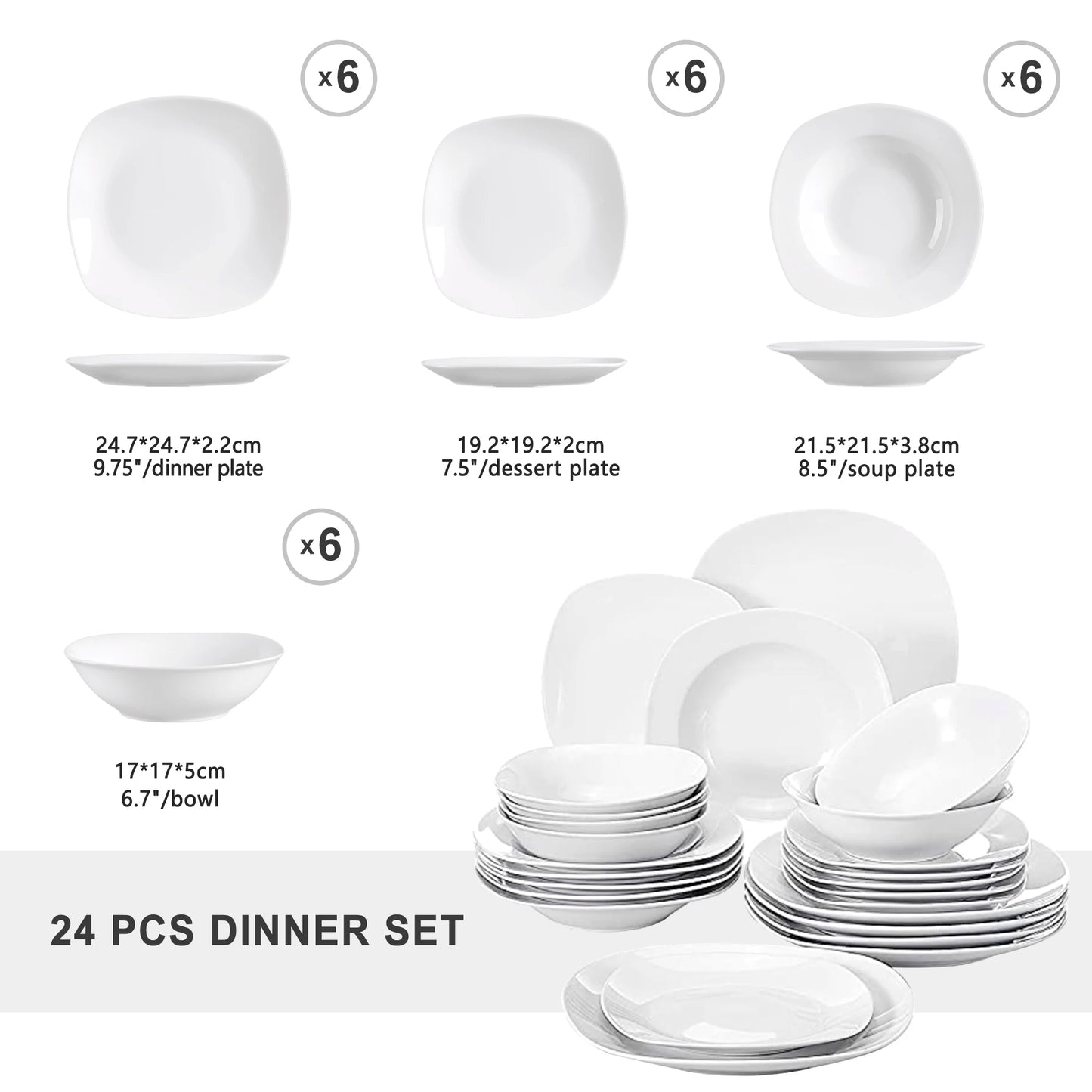 MALACASA Elisa 24-Piece Ceramic Porcelain Tableware Dinner Set Cereal Bowls Soup Dessert Plate Dinnerware Serive for 6 Person