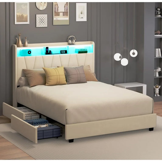 Full Size Bed Frame, Velvet Upholstered LED Platform Bed with Headboard Storage, Bed Frame Full Built-in Charging Station with 4