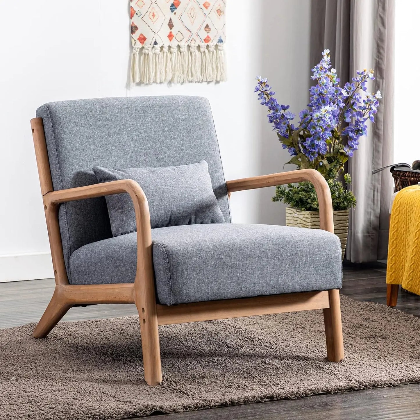 Mid Century Modern Accent Chair, Comfy Fabric Living Room Chairs with Solid Wood Frame, Lounge Reading Armchair, Easy As