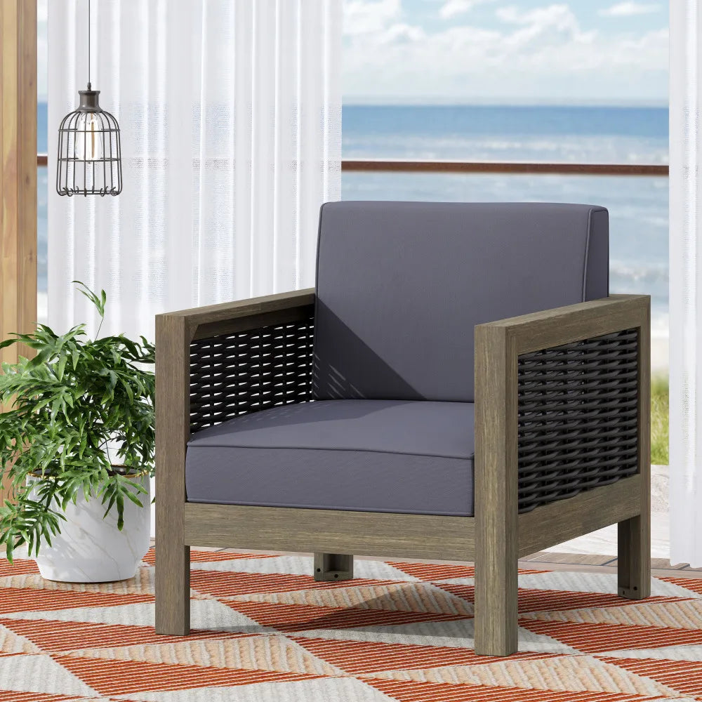 Outdoor Acacia Wood Club Chair with Wicker Accents, Teak Finish ,Mixed Brown,Beige,Patio Furniture Conversation Set for Backyard
