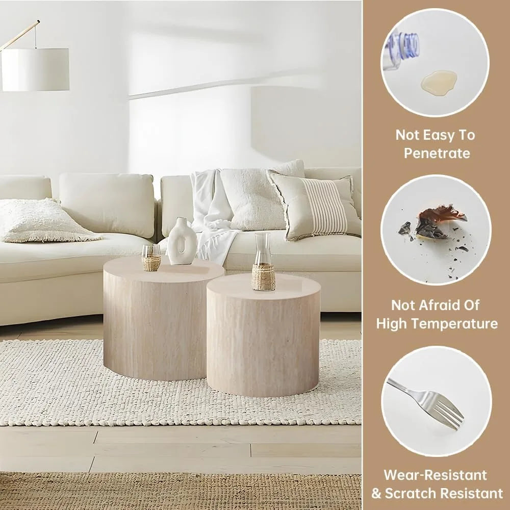 Pair of Modern Nesting Coffee Tables - Small Circular Travertine Side Tables for Home Decor