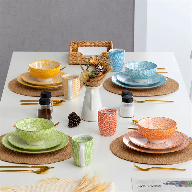 16Pieces Porcelain Multi-Colour Japanese-style Dinnerware Set with 4*Dinner Plate,Dessert Plate,Bowl,Mug Ceramic Tableware Set